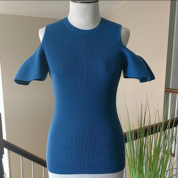 Laundry Shelli Segal Top Cut Out Shoulder Flutter Short Sleeve Knit Blue M NWT - Picture 3 of 8